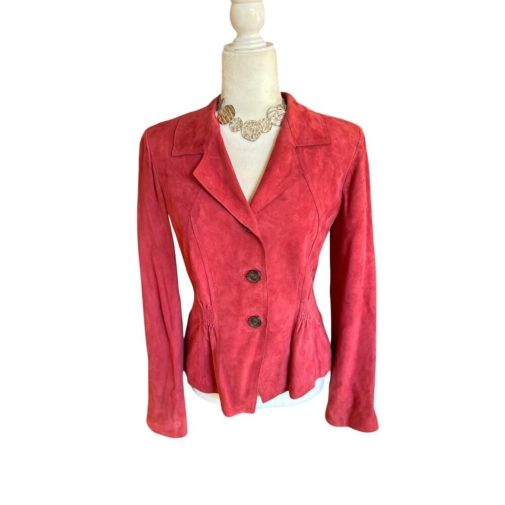 Jones New York 100% Leather Jacket, Pink-Red, 3 Button Closure, Women's size 8